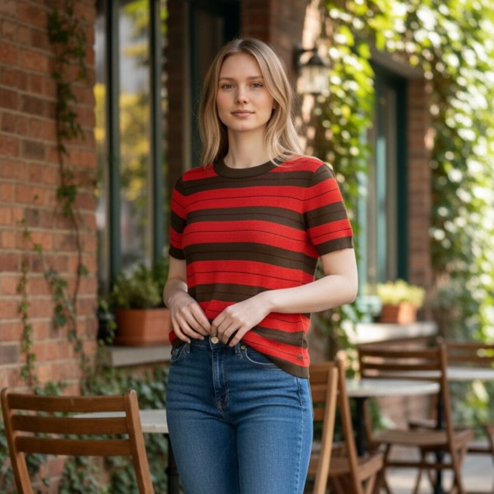 Scotch & Soda Red & Olive Striped Crewneck Top